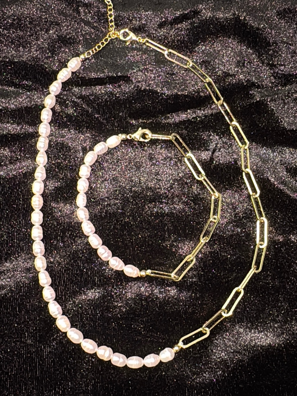 Gold Chain & Natural Pearl Necklace and Bracelet Set